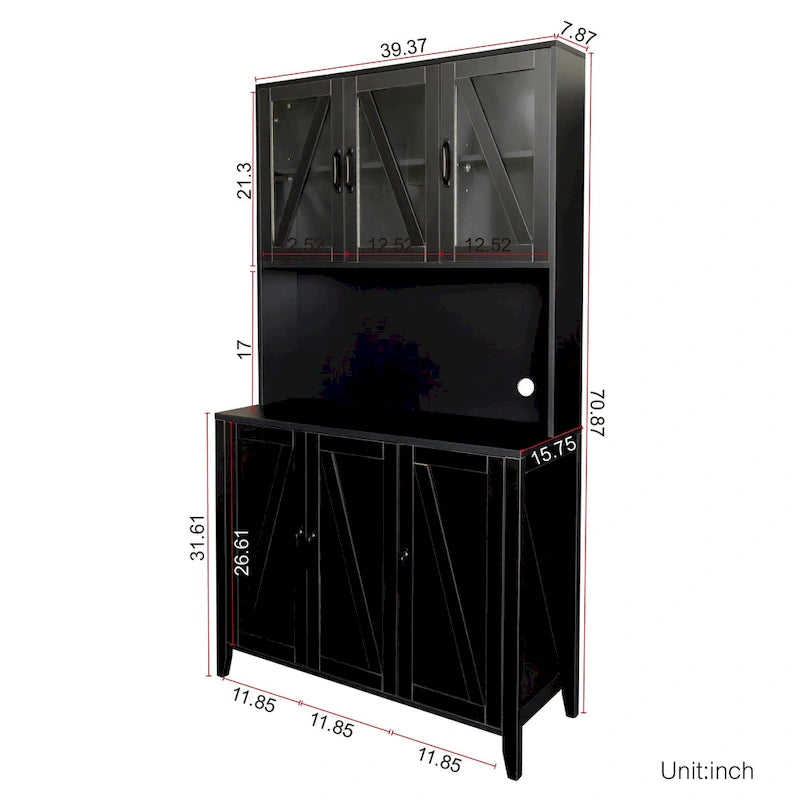 Large Kitchen Pantry Storage Cabinet with Glass Doors, Drawers & Open Shelves, Freestanding Kitchen Cupboard Buffet Cabinet