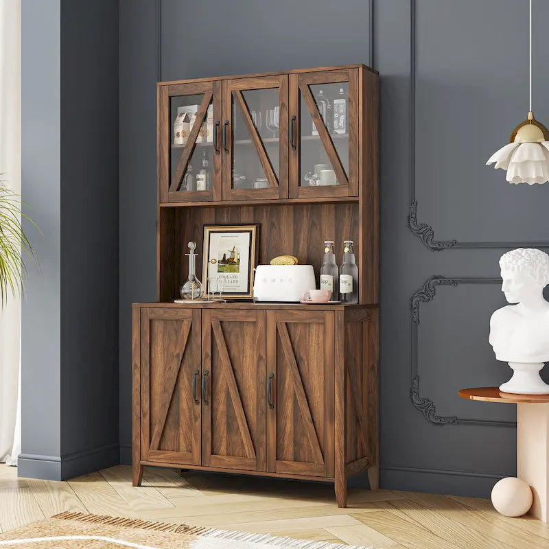 Large Kitchen Pantry Storage Cabinet with Glass Doors, Drawers & Open Shelves, Freestanding Kitchen Cupboard Buffet Cabinet