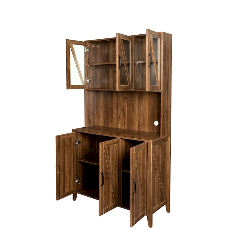 Large Kitchen Pantry Storage Cabinet with Glass Doors, Drawers & Open Shelves, Freestanding Kitchen Cupboard Buffet Cabinet