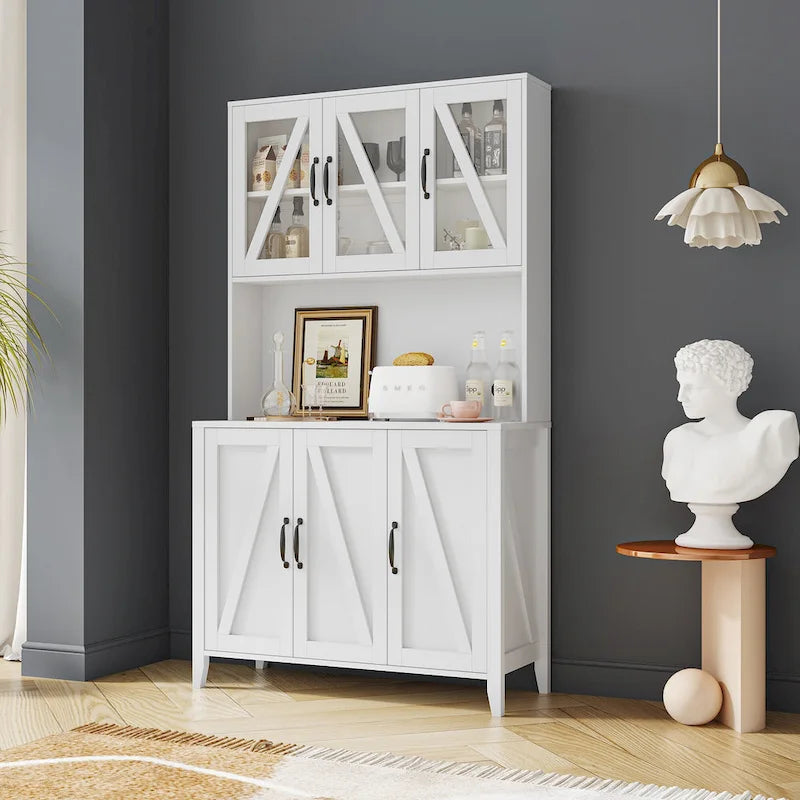 Large Kitchen Pantry Storage Cabinet with Glass Doors, Drawers & Open Shelves, Freestanding Kitchen Cupboard Buffet Cabinet