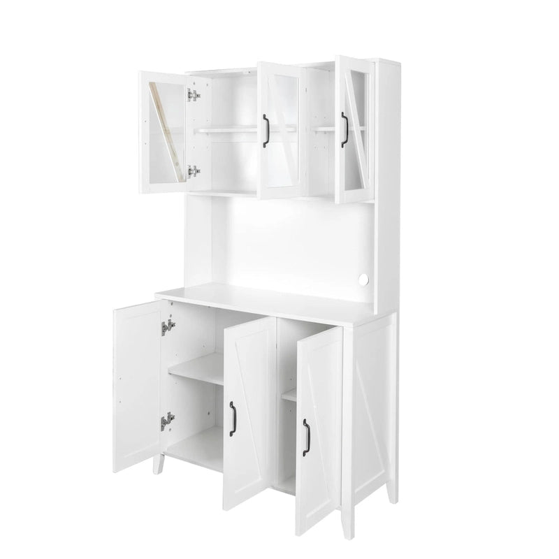 Large Kitchen Pantry Storage Cabinet with Glass Doors, Drawers & Open Shelves, Freestanding Kitchen Cupboard Buffet Cabinet