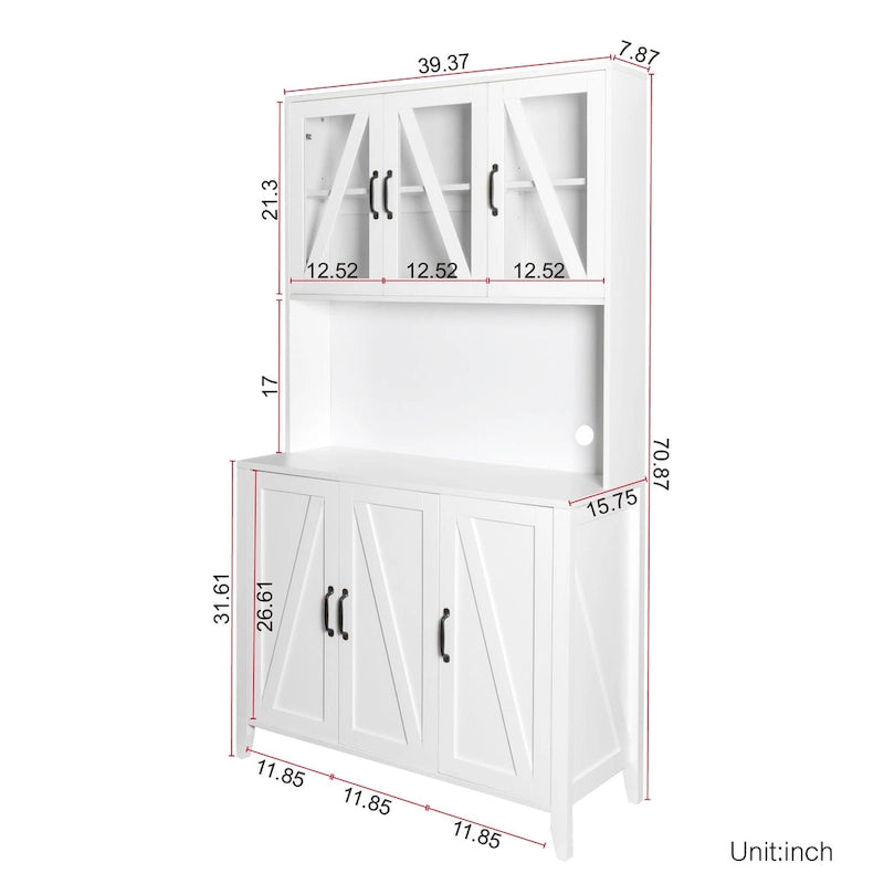 Large Kitchen Pantry Storage Cabinet with Glass Doors, Drawers & Open Shelves, Freestanding Kitchen Cupboard Buffet Cabinet