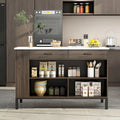 Isola da cucina in stile americano con piano effetto marmo, 2 cassetti, ripiani laterali aperti, legno massello, marrone scuro