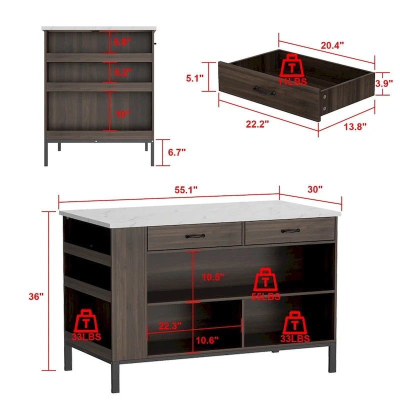 Server Table with 2 Drawers and Bottom Shelf Sideboard Buffet Cabinet - 55.1W
