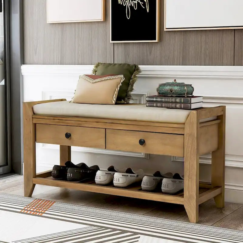 Old Pine Multipurpose Storage Bench with Cushioned Seat and Drawers