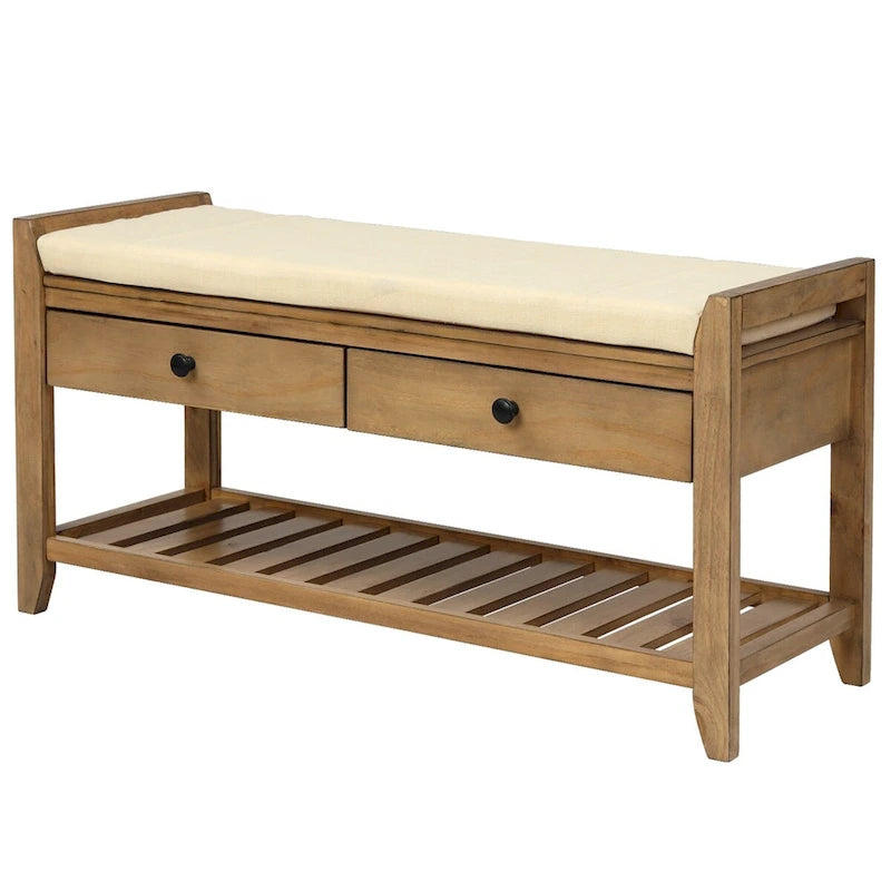 Old Pine Multipurpose Storage Bench with Cushioned Seat and Drawers