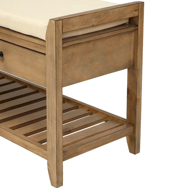 Old Pine Multipurpose Storage Bench with Cushioned Seat and Drawers