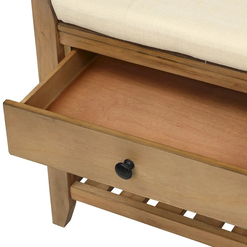 Old Pine Multipurpose Storage Bench with Cushioned Seat and Drawers