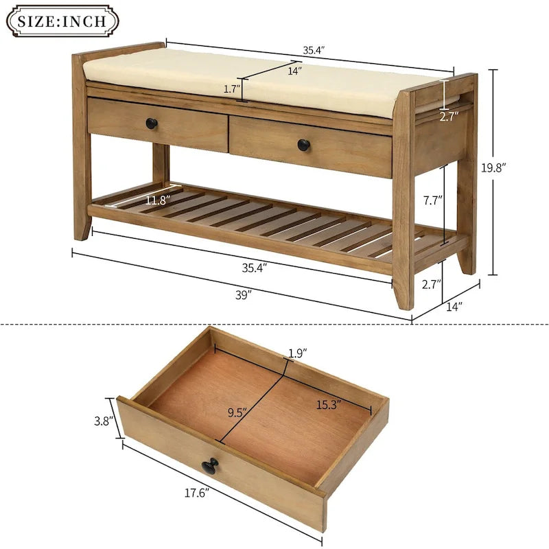Old Pine Multipurpose Storage Bench with Cushioned Seat and Drawers