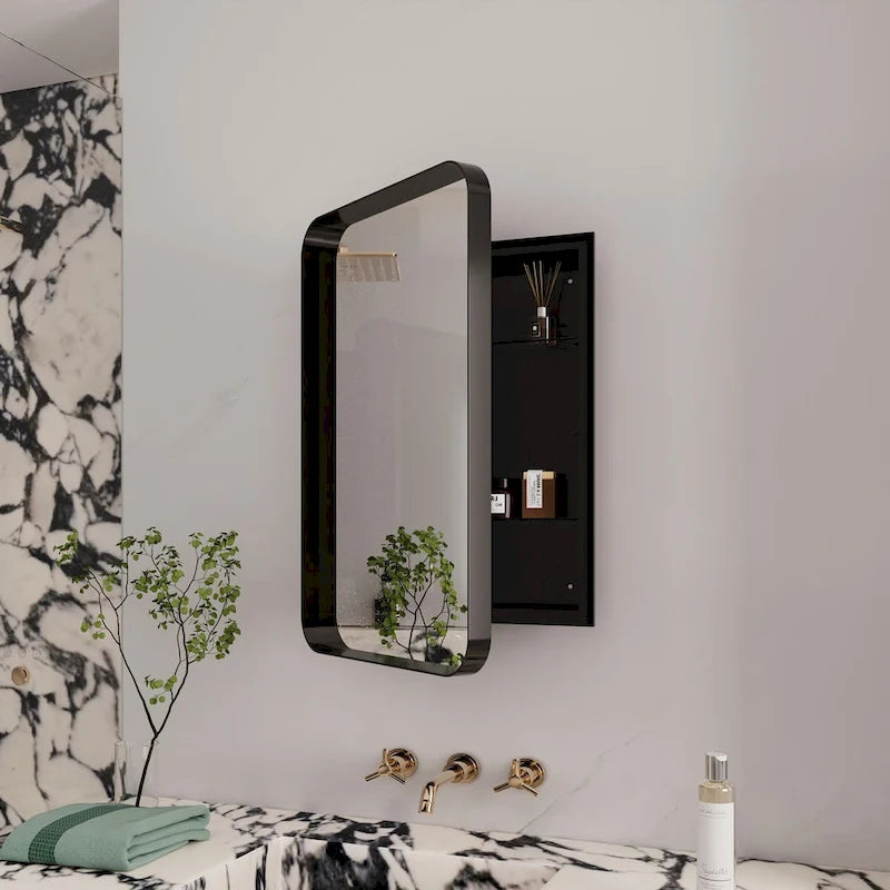 16x24 Inch Recessed Black Metal Framed Medicine Cabinet with Mirror and Adjustable Shelves - 16x24 Inch