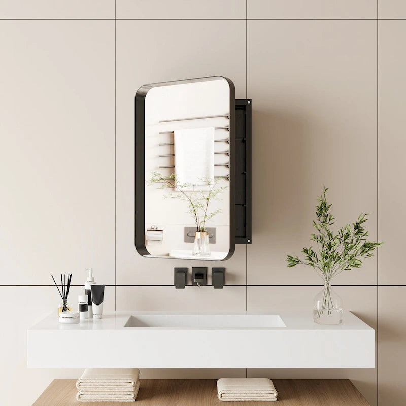 16x24 Inch Recessed Black Metal Framed Medicine Cabinet with Mirror and Adjustable Shelves - 16x24 Inch