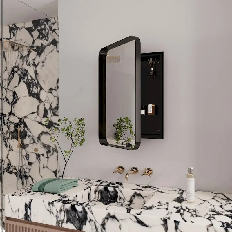 16x24 Inch Recessed Black Metal Framed Medicine Cabinet with Mirror and Adjustable Shelves - 16x24 Inch