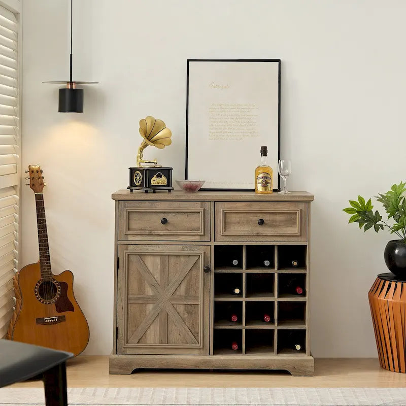 Farmhouse Buffet Cabinet with Drawer Storage and Wine Bar Cabinet