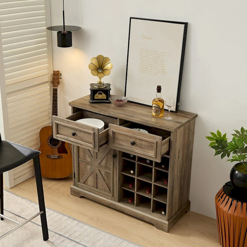 Farmhouse Buffet Cabinet with Drawer Storage and Wine Bar Cabinet