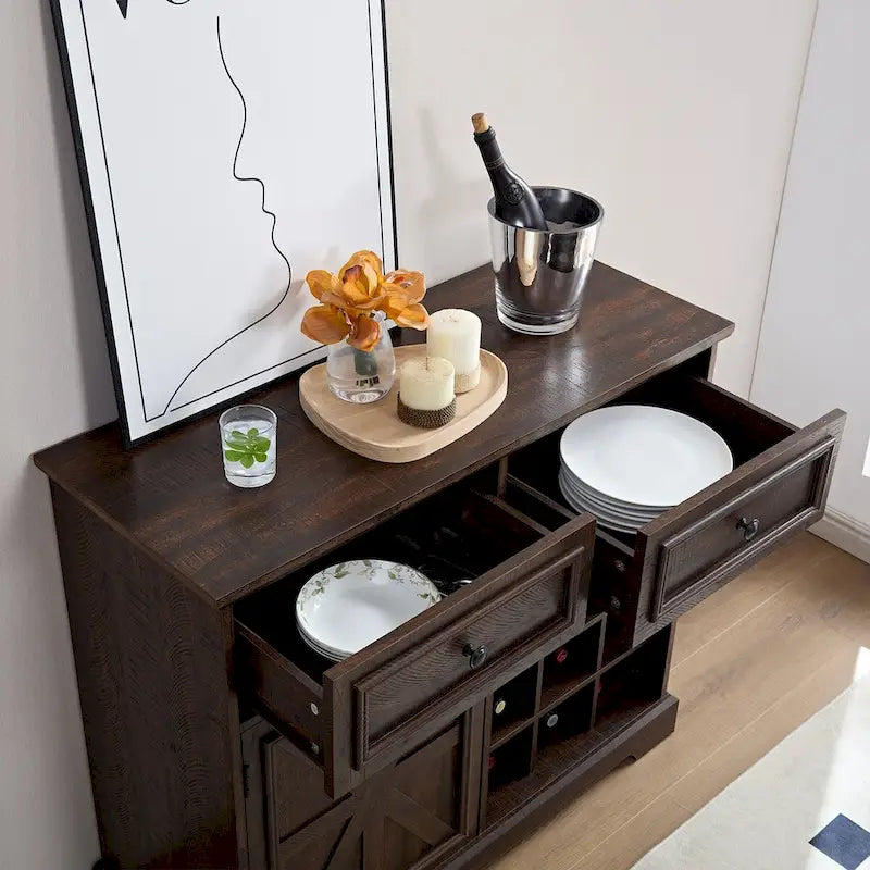 Farmhouse Buffet Cabinet with Drawer Storage and Wine Bar Cabinet