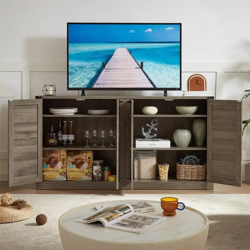 64.96W Rattan Sideboard with 4-Door Storage Cabinet - N/A