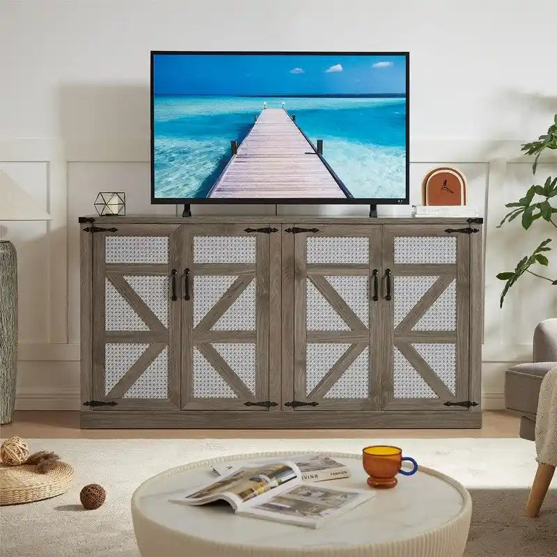 64.96W Rattan Sideboard with 4-Door Storage Cabinet - N/A