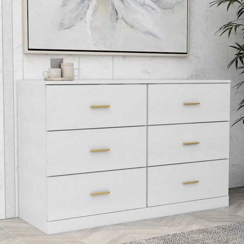 2-Column 6-Drawer Bedroom Dresser Particle Board Waterproof Gold Bar Handles Antique White