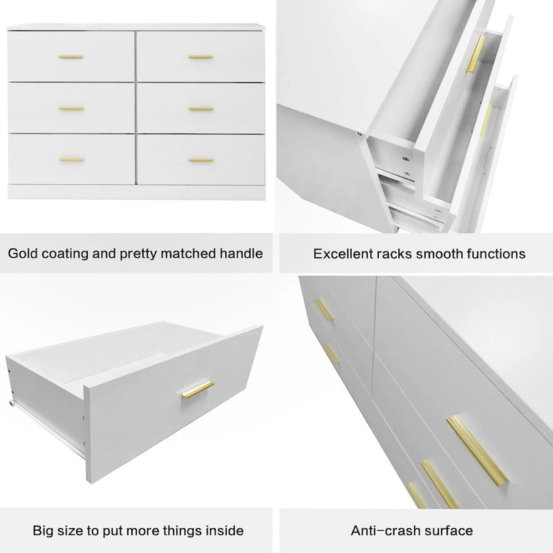 Modern White 6-Drawer Dresser for Bedroom - Ample Storage Wide Chest of Drawers, Sturdy & Safe