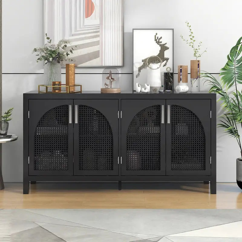 Large Storage Space Sideboard with Artificial Rattan Door and Metal Handles for Living Room and Entryway
