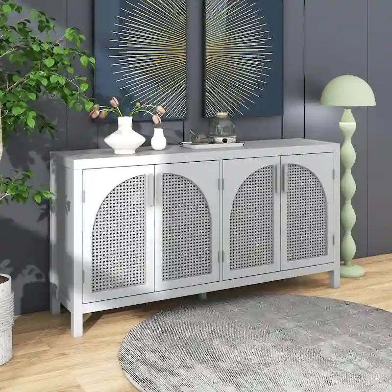 Large Storage Space Sideboard with Artificial Rattan Door and Metal Handles for Living Room and Entryway