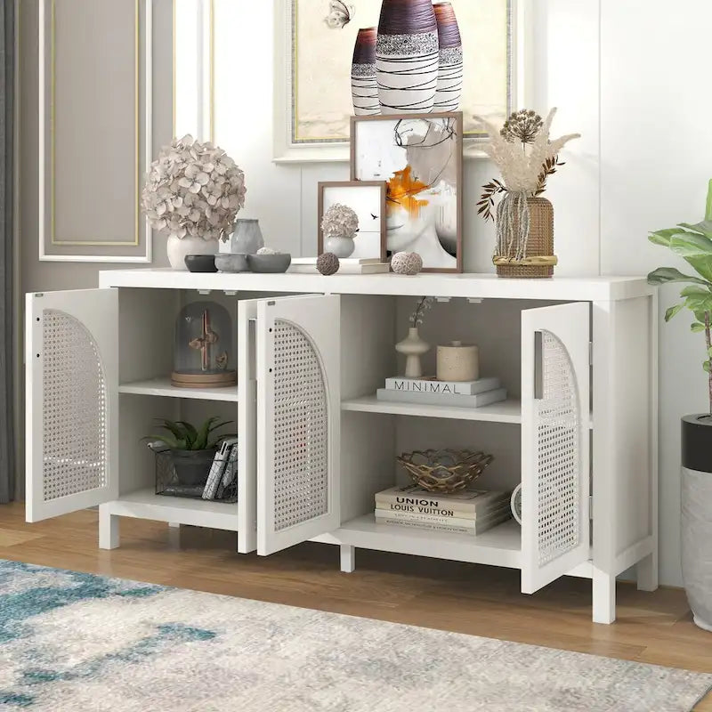 Large Storage Space Sideboard with Artificial Rattan Door and Metal Handles for Living Room and Entryway