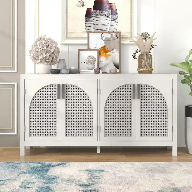 Large Storage Space Sideboard with Artificial Rattan Door and Metal Handles for Living Room and Entryway