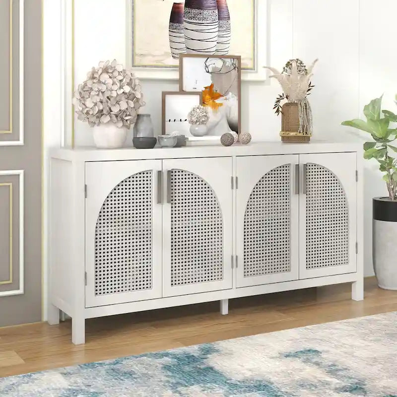 Large Storage Space Sideboard with Artificial Rattan Door and Metal Handles for Living Room and Entryway