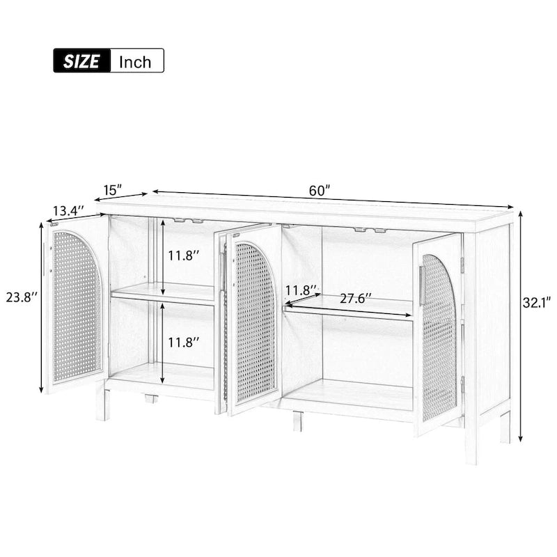 Large Storage Space Sideboard with Artificial Rattan Door and Metal Handles for Living Room and Entryway