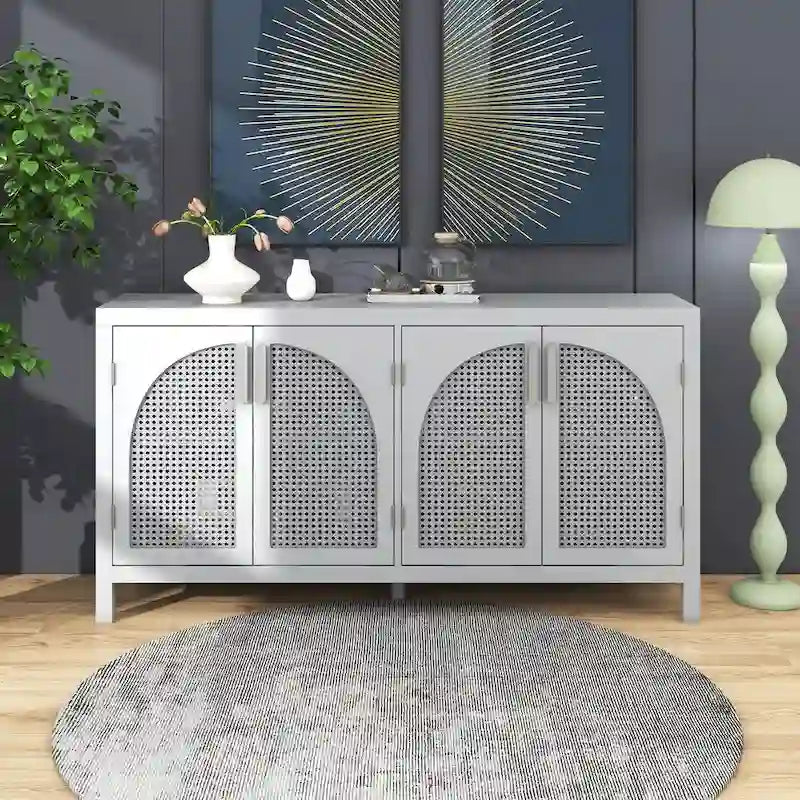 Large Storage Space Sideboard with Artificial Rattan Door and Metal Handles for Living Room and Entryway
