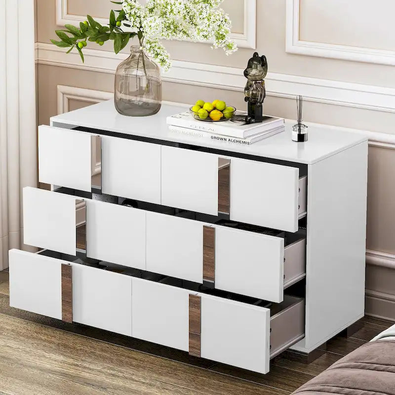Elegant Modern Dresser with Metal Handle,Mirrored Storage Cabinet with 6 Drawers for Bedroom,Living Room