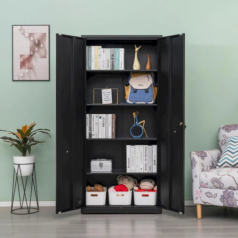 High Storage Cabinet with 2 Doors and 4 Partitions for 5 Separate Storage Spaces