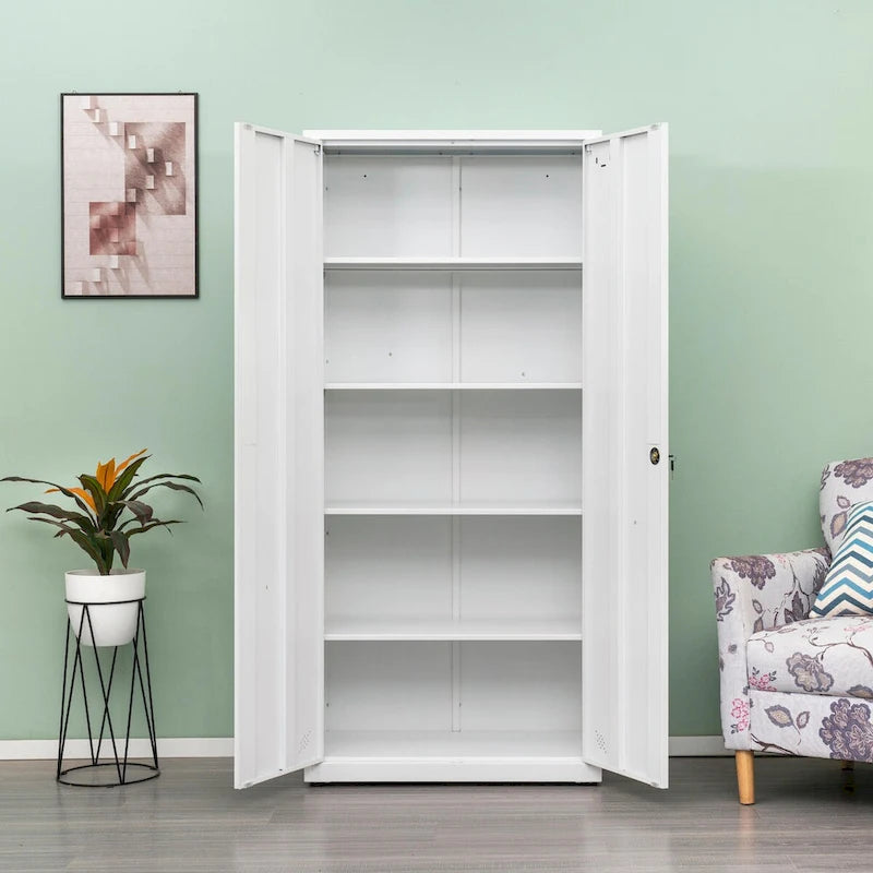 High Storage Cabinet with 2 Doors and 4 Partitions for 5 Separate Storage Spaces