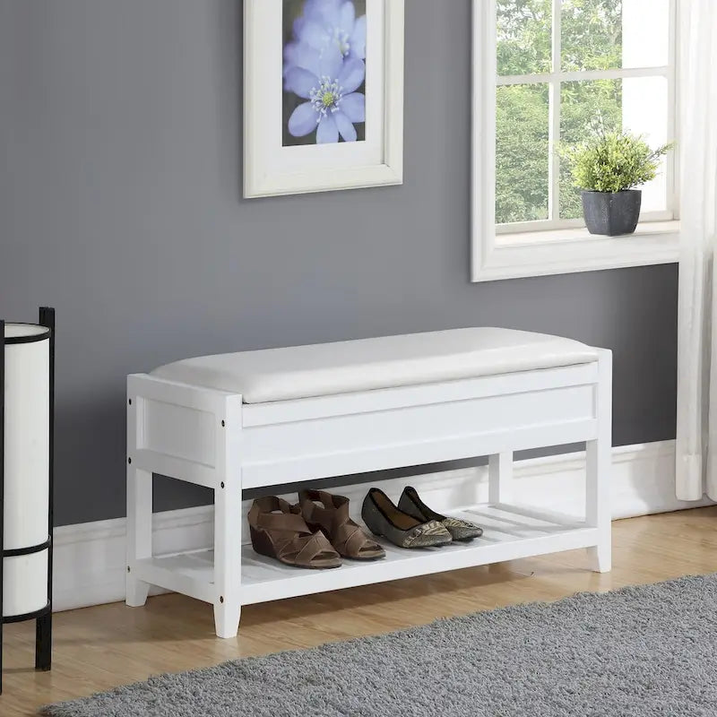 Faux Leather Seating Wood Bench with Shoe Storage