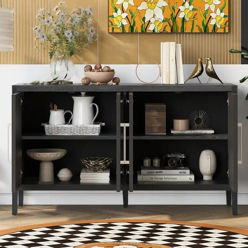 4-Door MDF Wood Grain Sideboard Buffet Cabinet Black Gray Walnut Metal Handles