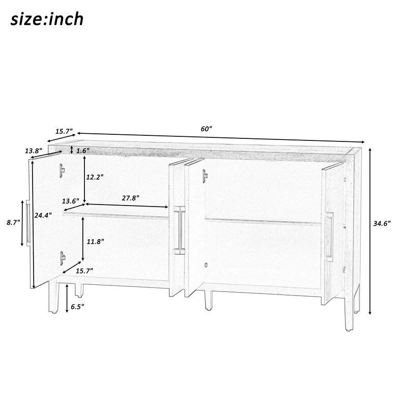 Vintage Wooden Sideboard with 4 Metal Handles