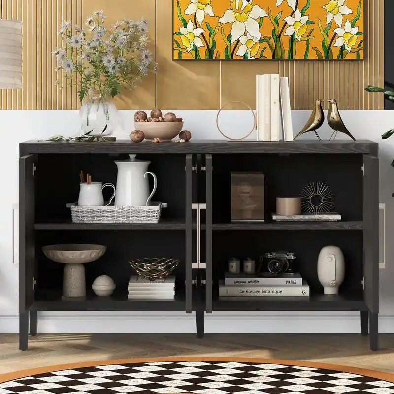 Vintage Wooden Sideboard with 4 Metal Handles