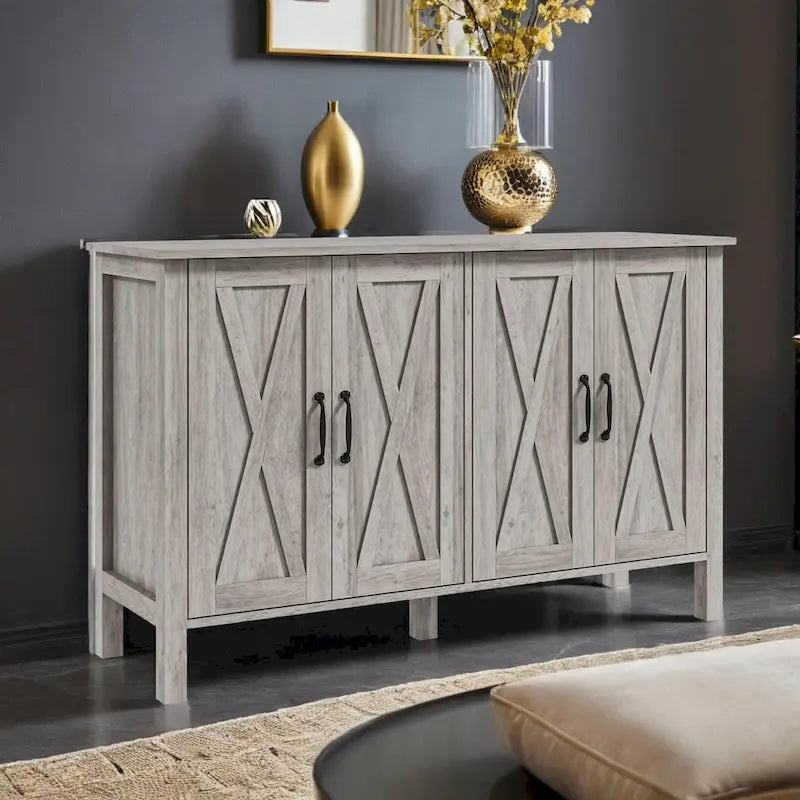 47 Sideboard with 4 Barn Doors and 2 Adjustable Shelves, Farmhouse Coffee Bar Cabinet, Gray Wood Grain