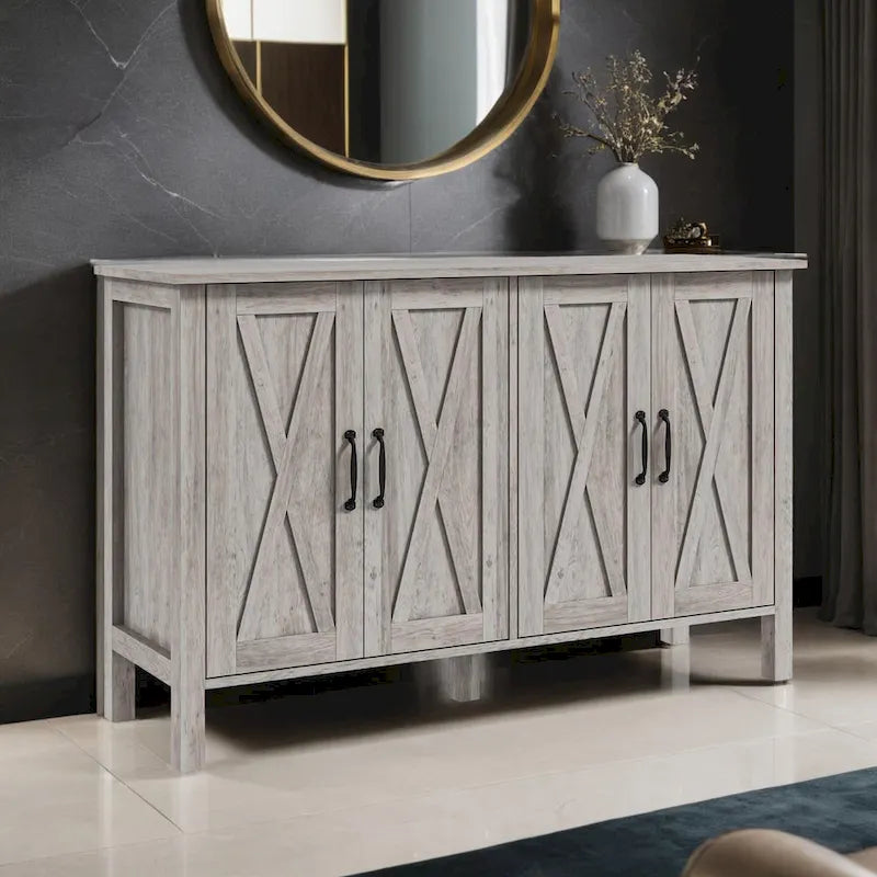 47 Sideboard with 4 Barn Doors and 2 Adjustable Shelves, Farmhouse Coffee Bar Cabinet, Gray Wood Grain