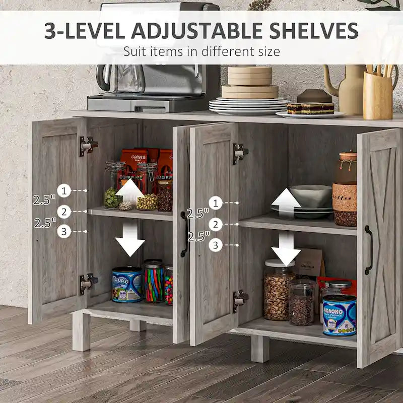 47 Sideboard with 4 Barn Doors and 2 Adjustable Shelves, Farmhouse Coffee Bar Cabinet, Gray Wood Grain
