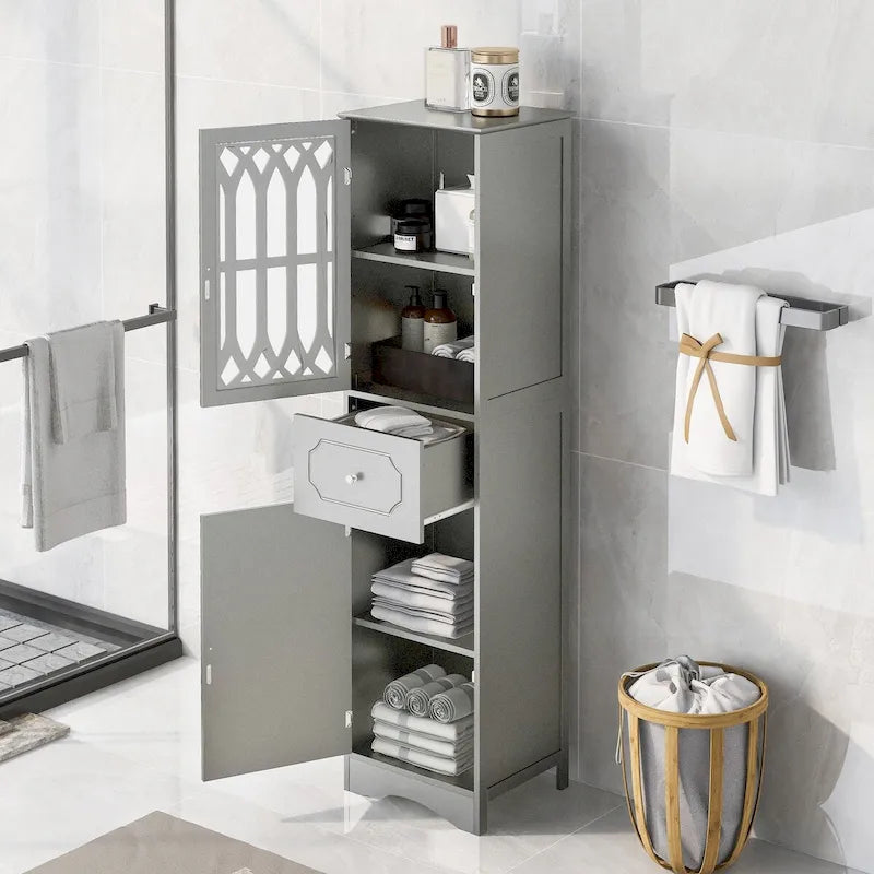 Tall Bathroom Cabinet, Freestanding Storage Cabinet with Drawer and Doors, Acrylic Door, Adjustable Shelf