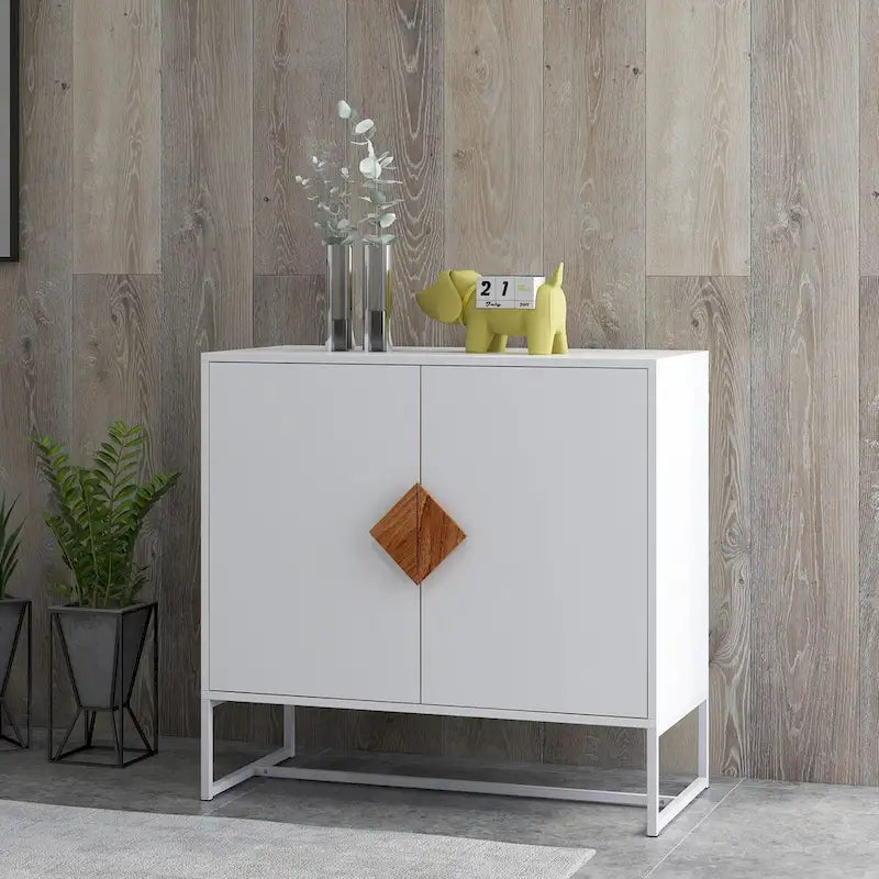 White Accent Storage Cabinet Solid wood square shape handle 2 doors sideboard - 31.77 * 15.75 * 29.53