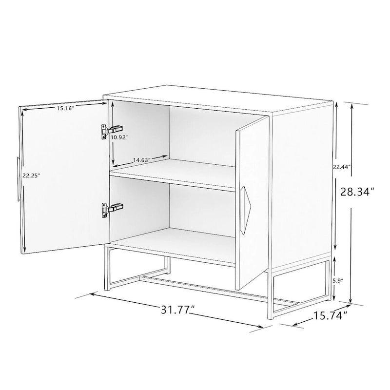 White Accent Storage Cabinet Solid wood square shape handle 2 doors sideboard - 31.77 * 15.75 * 29.53