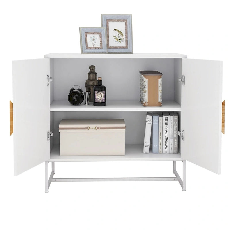 White Accent Storage Cabinet Solid wood square shape handle 2 doors sideboard - 31.77 * 15.75 * 29.53