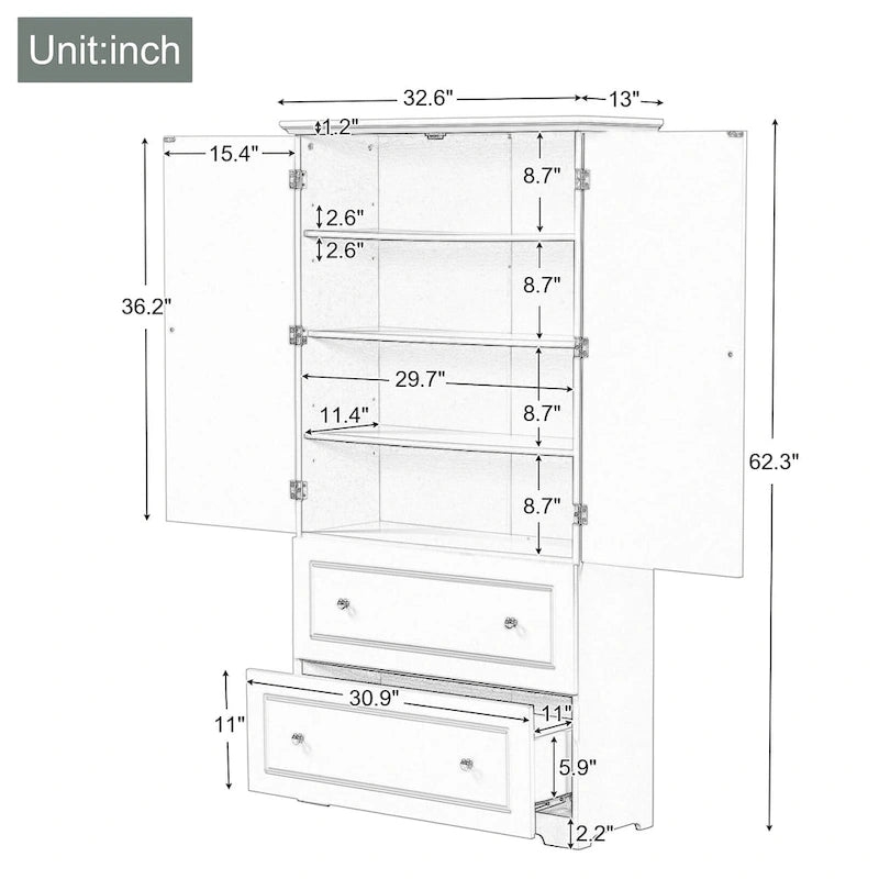 Wide Bathroom Storage Cabinet, Freestanding Storage Cabinet with Two Drawers and Adjustable Shelf