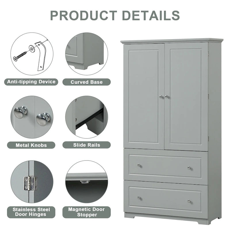 Wide Bathroom Storage Cabinet, Freestanding Storage Cabinet with Two Drawers and Adjustable Shelf