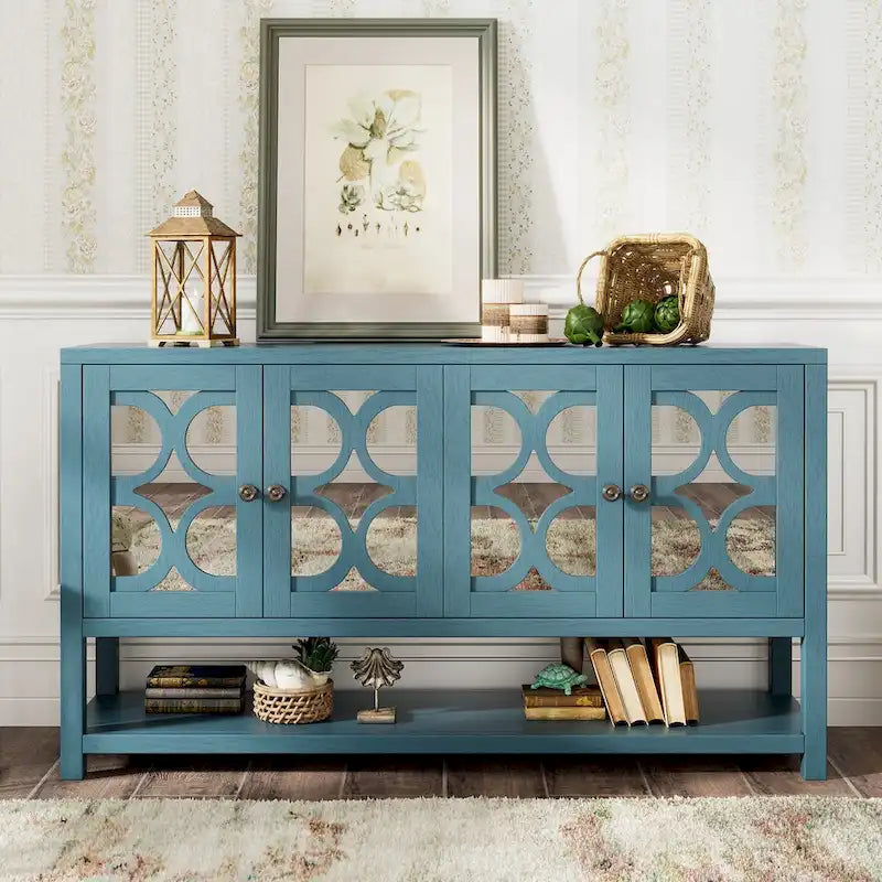 Elegant Retro Console Table,Storage Cabinet,Sideboard with Mirrored Doors, Spacious Shelves, and Durable Acacia Wood Legs