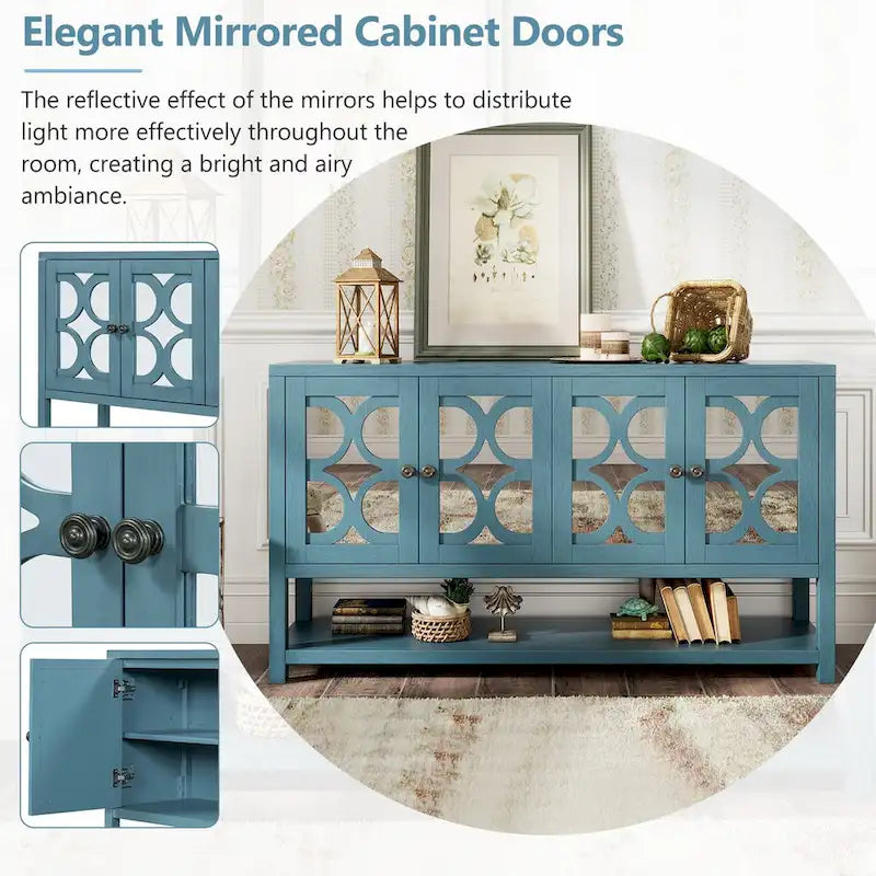 Elegant Retro Console Table,Storage Cabinet,Sideboard with Mirrored Doors, Spacious Shelves, and Durable Acacia Wood Legs