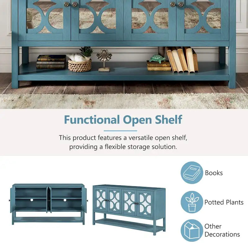 Elegant Retro Console Table,Storage Cabinet,Sideboard with Mirrored Doors, Spacious Shelves, and Durable Acacia Wood Legs