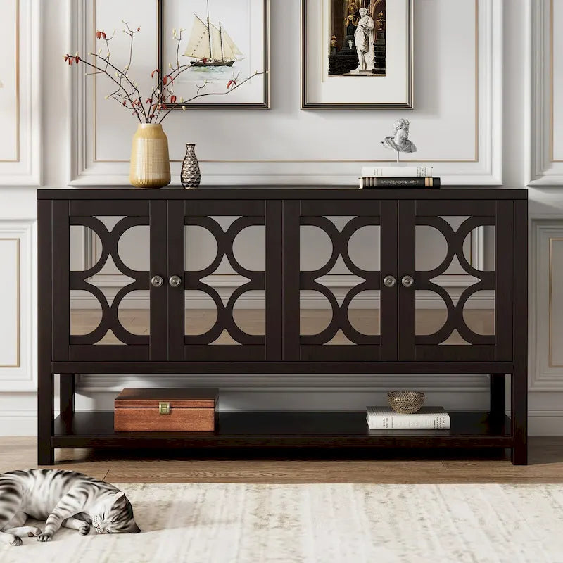 Elegant Retro Console Table,Storage Cabinet,Sideboard with Mirrored Doors, Spacious Shelves, and Durable Acacia Wood Legs